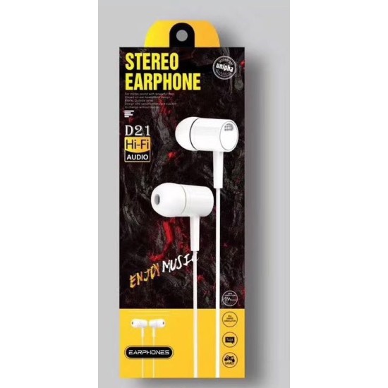 STEREO EARPHONE D21 EXTRA BASS HI-FI AUDIO BRANCO